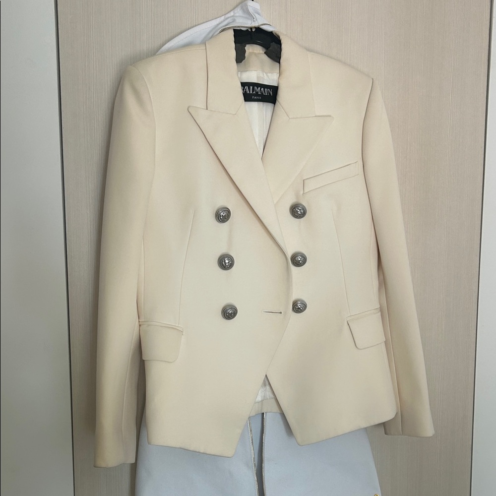 Balmain Cream Double-Breasted Blazer